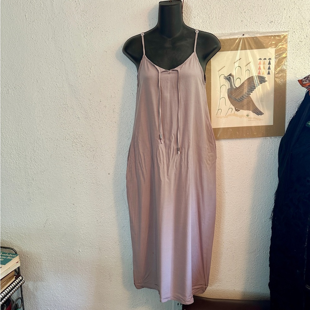 Lavender gray slip dress, silk or rayon.